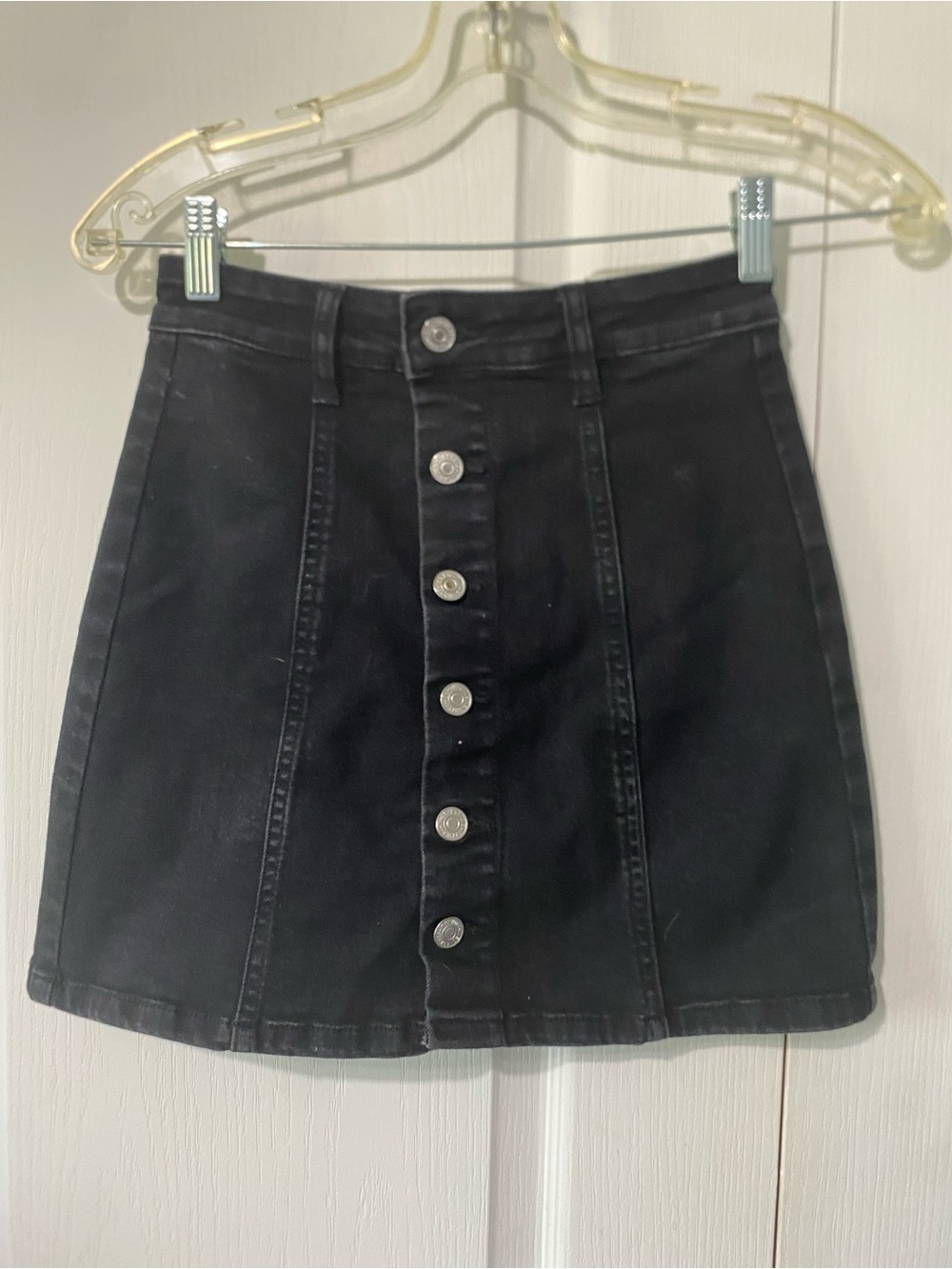 Black Button-Front Denim Mini Skirt